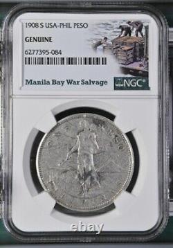 1908 S US/Philippines Peso Manila Bay War Salvage NGC Genuine Silver Coin WWII