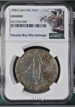1908 S US/Philippines Peso Manila Bay War Salvage NGC Genuine Silver Coin WWII