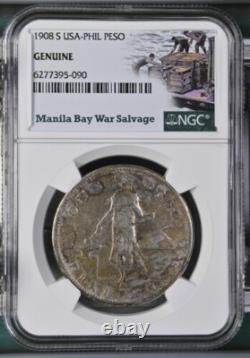 1908 S US/Philippines Peso Manila Bay War Salvage NGC Genuine Silver Coin WWII
