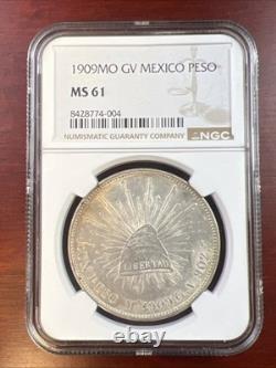 1909-Mo Peso GV Mexico Silver Cap & Rays NGC MS 61