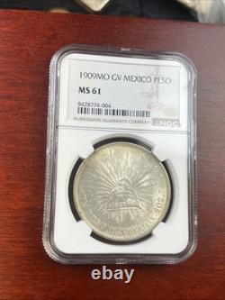1909-Mo Peso GV Mexico Silver Cap & Rays NGC MS 61