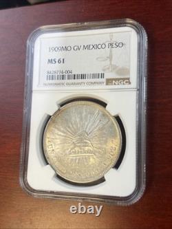 1909-Mo Peso GV Mexico Silver Cap & Rays NGC MS 61