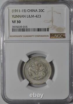 1911 China Yunnan 20 Cents NGC VF30 L&M-423 1.44