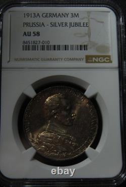 1913A Germany Silver 3 Mark Prussia-Silver Jubilee NGC AU58