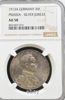 1913A Germany Silver 3 Mark Prussia-Silver Jubilee NGC AU58
