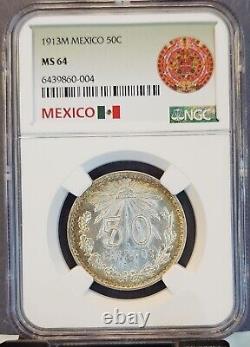 1913 Mexico Silver 50 Centavos Cap And Rays Ngc Ms 64 Scarce Beautiful Bu Coin