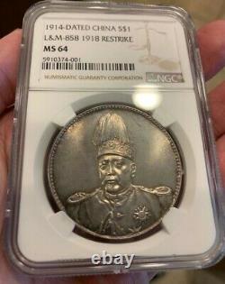 1914 China Silver Dollar Coin Yuan Shih Kai NGC MS64 L&M-858 1918 Restrike