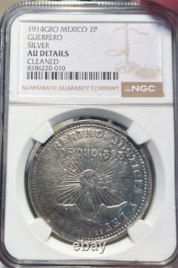 1914 GRO Mexico Guerrero Silver 2 Pesos 2P NGC AU details freshly graded