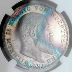 1914, Wurttemberg, William II. Proof Silver 3 Mark Coin. Dark Rainbow! NGC PF63