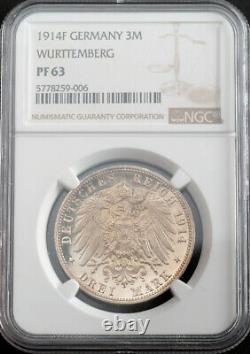 1914, Wurttemberg, William II. Proof Silver 3 Mark Coin. Dark Rainbow! NGC PF63