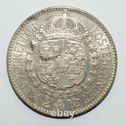 1915, 2 Corona Sweden Silver Very Low Mint Only 155k Minted Very High Value Coin
