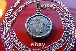 1928 Irish Lucky Sixpence Hound Harp Pendant 22 925 Italian Sterl Silver Chain