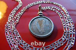 1928 Irish Lucky Sixpence Hound Harp Pendant 22 925 Italian Sterl Silver Chain