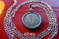 1928 Irish Lucky Sixpence Hound Harp Pendant 22 925 Italian Sterl Silver Chain