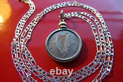 1928 Irish Lucky Sixpence Hound Harp Pendant 22 925 Italian Sterl Silver Chain