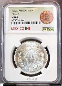 1932 Mexico Silver 1 Peso Open 9 Ngc Ms 66 Scarce Bright Beautiful Gem Coin