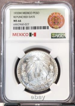 1933 Mexico Silver 1 Peso Repunched Date Ngc Ms 66 Rare Gem Variety
