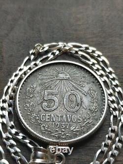 1937 Silver Mexico Cincuenta Centavos coin Pendant Sterling Bezel & 18 chain