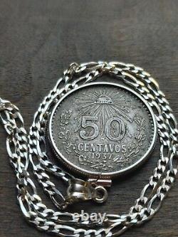 1937 Silver Mexico Cincuenta Centavos coin Pendant Sterling Bezel & 18 chain