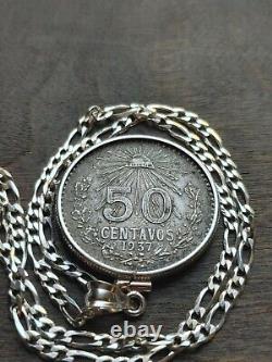 1937 Silver Mexico Cincuenta Centavos coin Pendant Sterling Bezel & 18 chain