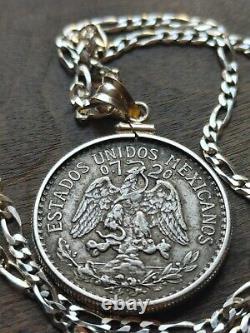 1937 Silver Mexico Cincuenta Centavos coin Pendant Sterling Bezel & 18 chain