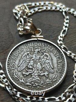 1937 Silver Mexico Cincuenta Centavos coin Pendant Sterling Bezel & 18 chain