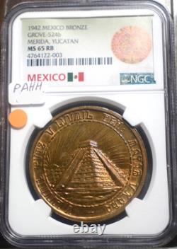 1942 MEXICO BRONZE MEDAL MERADA YUCATAN PYRAMID NGC MS65 RB TONED GROVE 425b