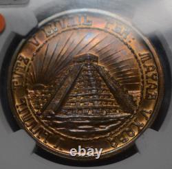 1942 MEXICO BRONZE MEDAL MERADA YUCATAN PYRAMID NGC MS65 RB TONED GROVE 425b
