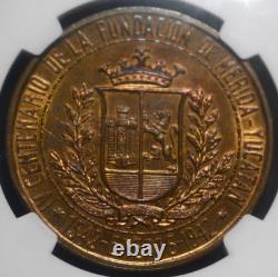 1942 MEXICO BRONZE MEDAL MERADA YUCATAN PYRAMID NGC MS65 RB TONED GROVE 425b