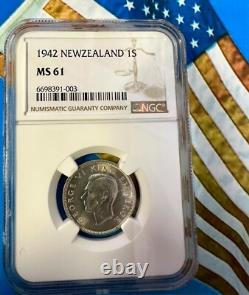 1942 Newzealand 1s Silver Coin Graded Ms61 By Ngc Rare Hard To Find Nice