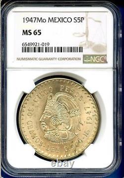 1947 Mo Mexico NGC MS65 Silver 5 Pesos S5P Cinco Pesos Cuauhtemoc Coin MS-65