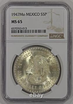 1947 Mo Mexico Silver 5 Pesos Coin NGC MS65 Cuauhtemoc