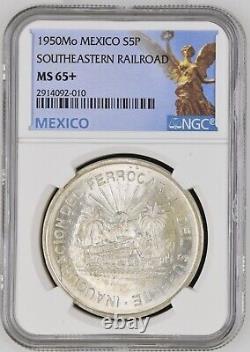 1950 Mexico Silver 5 Pesos Southeastern Railroad Ngc Ms 65+ Scarce Bright Gem Bu