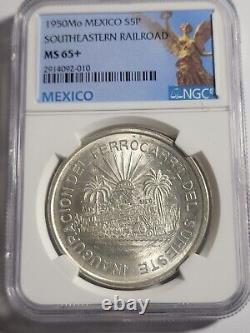 1950 Mexico Silver 5 Pesos Southeastern Railroad Ngc Ms 65+ Scarce Bright Gem Bu