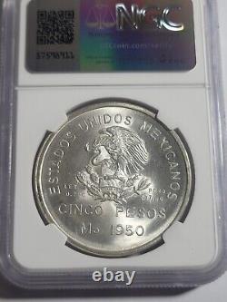 1950 Mexico Silver 5 Pesos Southeastern Railroad Ngc Ms 65+ Scarce Bright Gem Bu