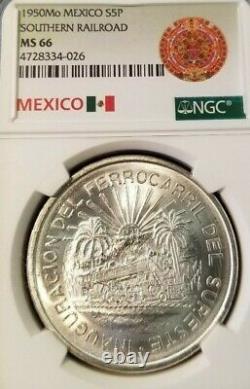 1950 Mexico Silver 5 Pesos Southern Railroad Ngc Ms 66 Blazing Monster Gem Bu