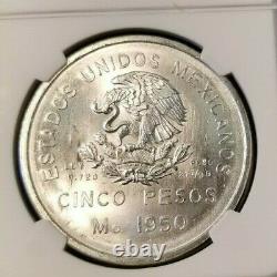 1950 Mexico Silver 5 Pesos Southern Railroad Ngc Ms 66 Blazing Monster Gem Bu