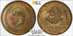 1951 Mo PCGS MS65 MEXICO TONED Silver Hildago 5 Peso Coin #39727A