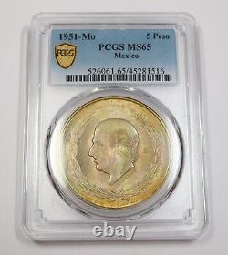 1951 Mo PCGS MS65 MEXICO TONED Silver Hildago 5 Peso Coin #39727A