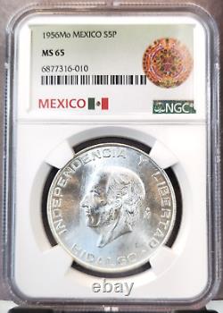 1956 Mexico Silver 5 Pesos S5p Hidalgo Ngc Ms 65 Scarce Gem Coin