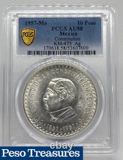 1957 Mexico 10 Pesos 90% Silver Coin PCGS AU58 Constitution Commemorative 1957 Mexico 10 Pesos 90% Silver Coin PCGS AU58 Constitution Commemorative