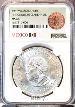 1957 Mexico Silver 10 Pesos Constitution Centennial Ngc Ms 64 Scarce Bright Bu