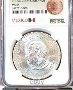 1957 Mexico Silver 10 Pesos Constitution Centennial Ngc Ms 64 Scarce Bright Bu