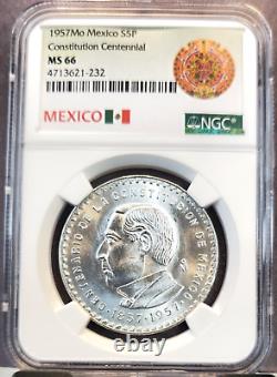 1957 Mexico Silver 5 Pesos S5p Constitution Centennial Ngc Ms 66 Smooth Luster