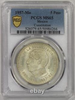 1957-Mo Mexico Silver 5 Pesos Coin PCGS MS65 Constitution Centennial KM#470