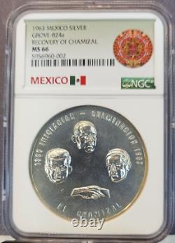 1963 MEXICO SILVER GROVE 824a RECOVERY OF CHAMIZAL NGC MS 66 MIRRORED TOP POP 1