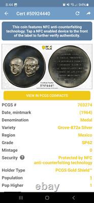 1964 Mexico SILVER Medal GROVE 872a Charles De Gaulle PCGS SP62 Rare POP 1