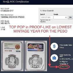 1965 Mexican Peso TOP POP MS 66 PL FINEST COIN IN THE WORLD FOREIGN PROOF LIKE