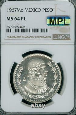 1967 MEXICO SILVER 1 PESO NGC MS64 PL MAC DPL & SPOTLESS rare
