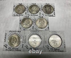 1968 Mexico 25 Pesos Olympic Commemorative. 720 Fine Lot of 8. Over 4oz. Silver